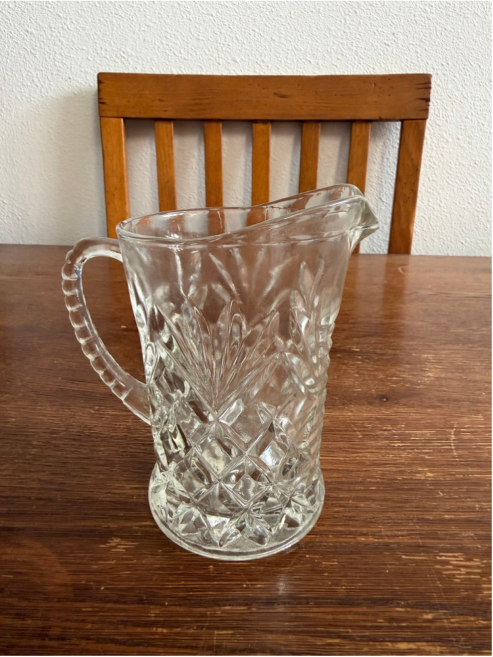 Vintage Clear Pressed Glass Pitcher Diamond Fan Pattern Starburst Base